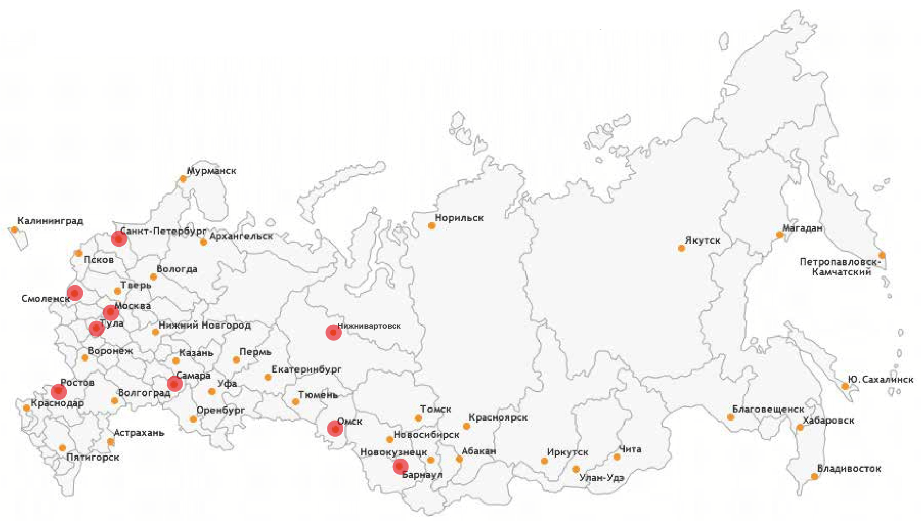 Крупные города России на контурной карте